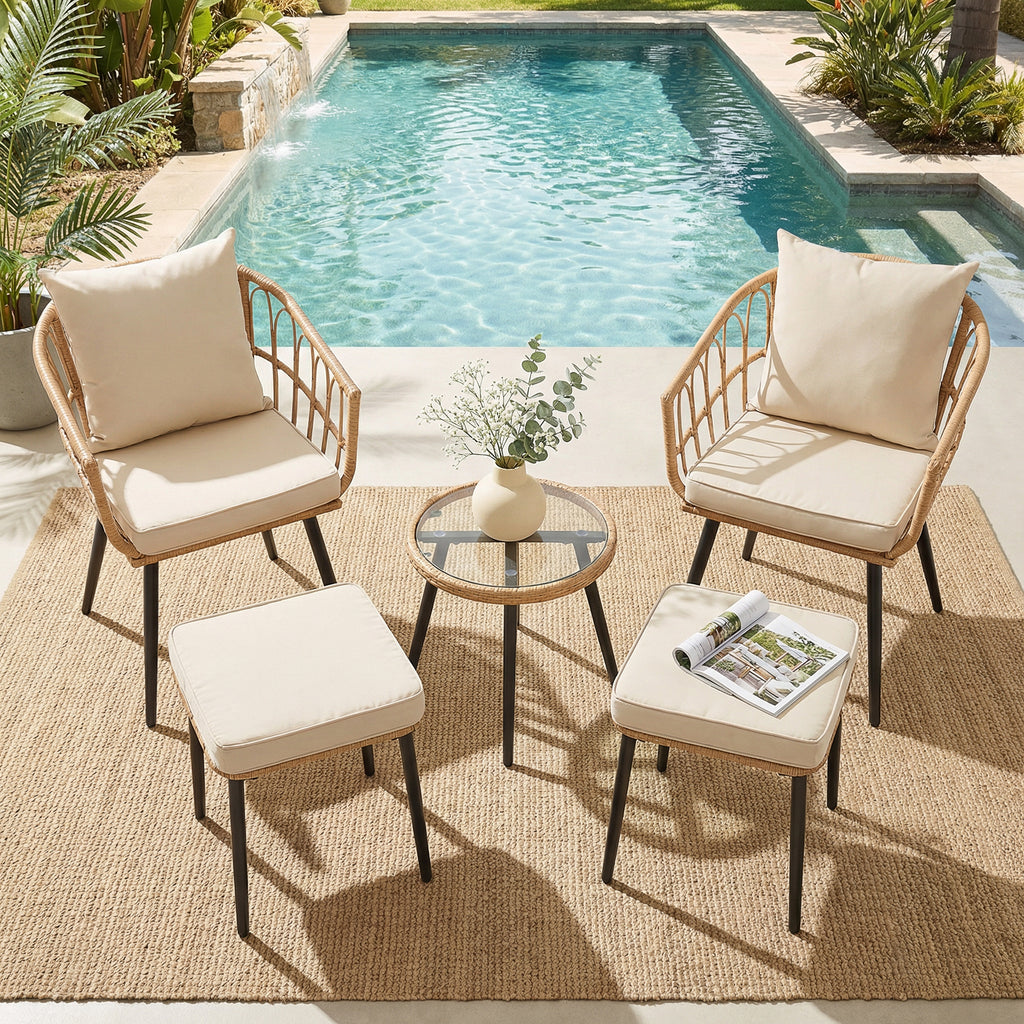 5 Piece Patio Furniture Set, Outdoor Wicker Small Conversation Bistro Set, All-Weather PE Rattan Chairs with Ottoman & Coffee Table, Ideal for Balcony Porch Deck Yard Poolside