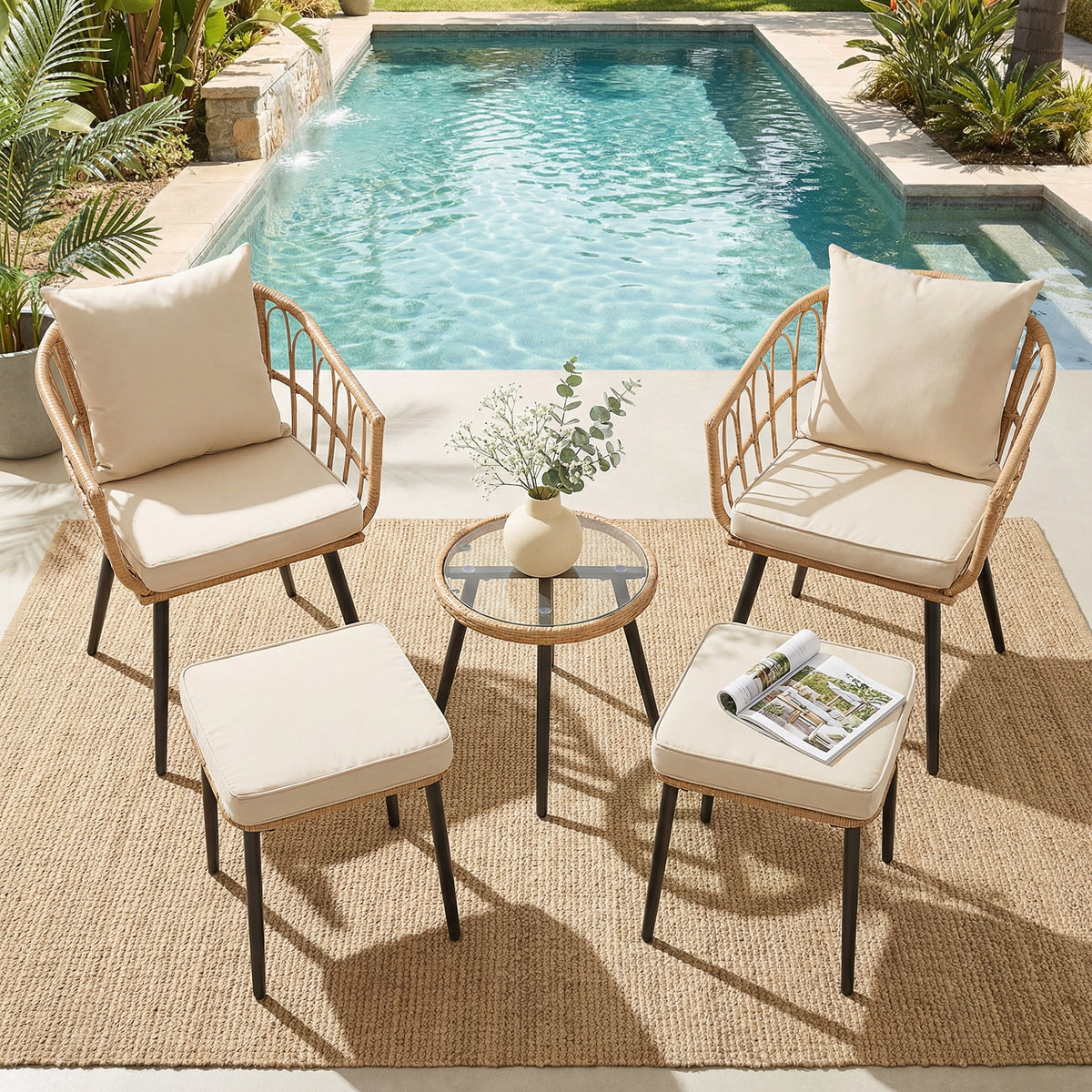 5 Piece Patio Furniture Set, Outdoor Wicker Small Conversation Bistro Set, All-Weather PE Rattan Chairs with Ottoman & Coffee Table, Ideal for Balcony Porch Deck Yard Poolside