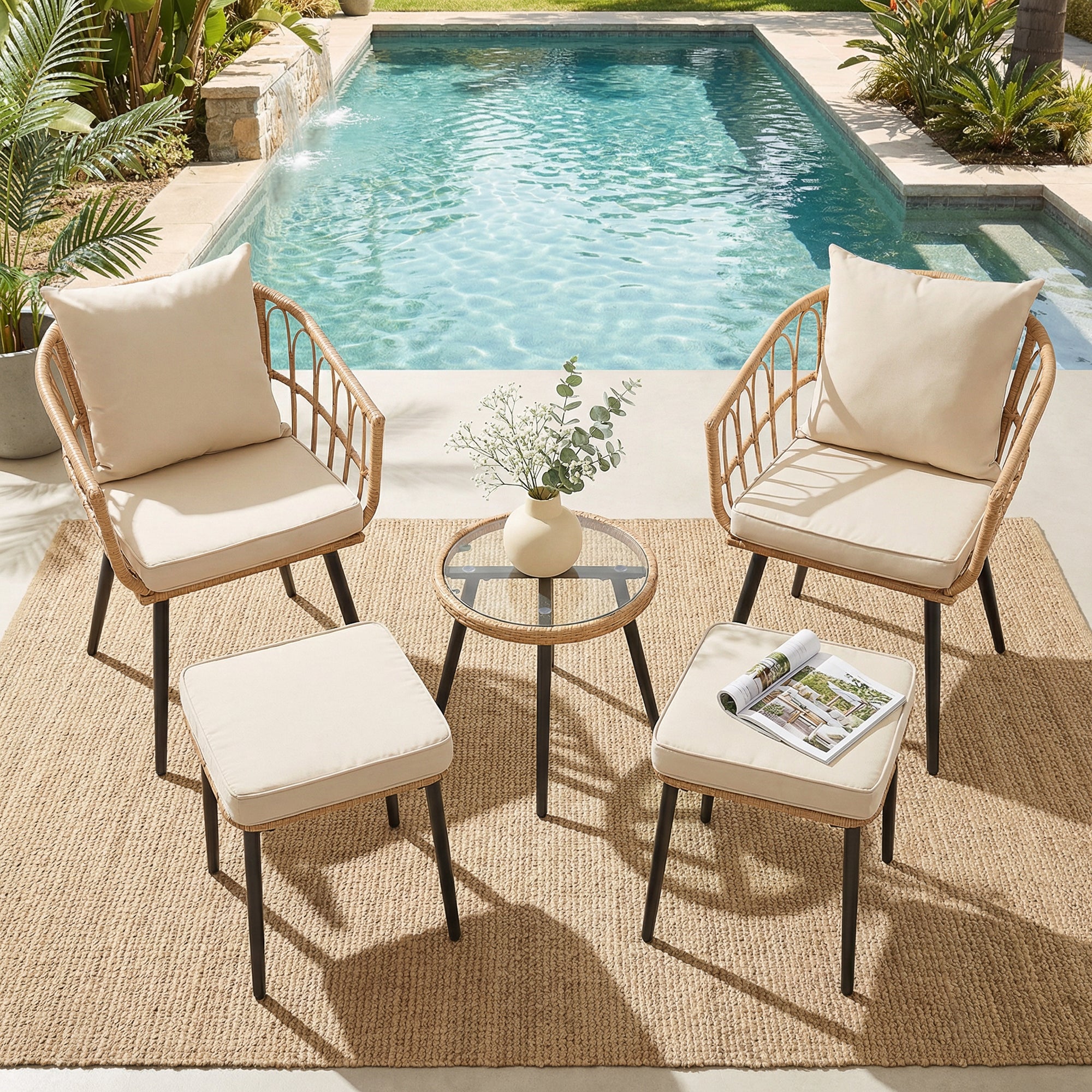5 Piece Patio Furniture Set, Outdoor Wicker Small Conversation Bistro Set, All-Weather PE Rattan Chairs with Ottoman & Coffee Table, Ideal for Balcony Porch Deck Yard Poolside