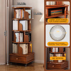 Rotating Bookshelf with Drawer, 360 Display 5 Tier Corner Bookshelf for Small Space, Floor Standing Bookcase Storage Rack, Wood Narrow Organizer for Bedroom, Living Room (WALNUT) - Grand Goldman Shop