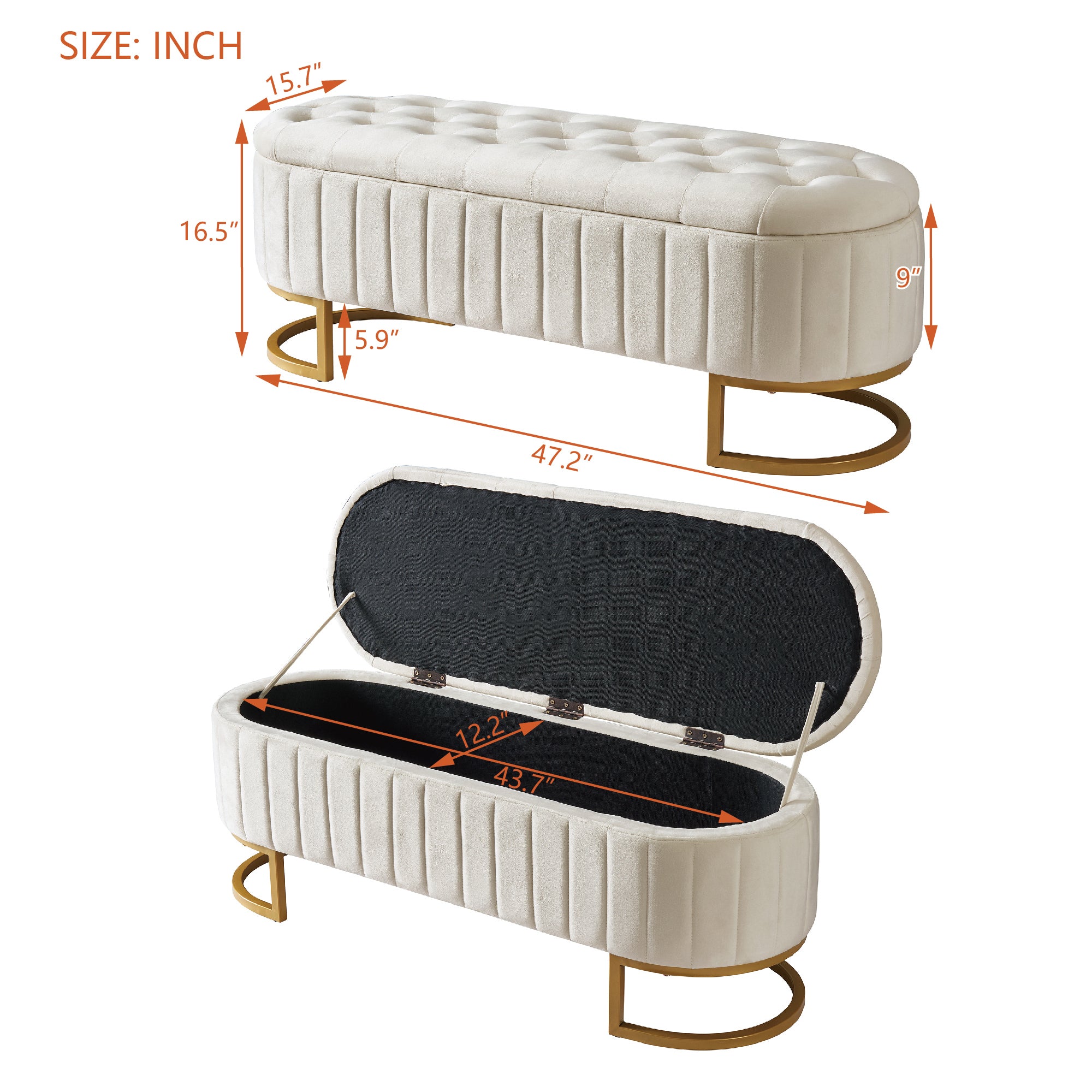 Elegant Upholstered Velvet Storage Ottoman with Button-Tufted,Storage Bench with Metal Legs for Bedroom,Living Room,Fully Assembled Except Legs,Beige - Grand Goldman Shop