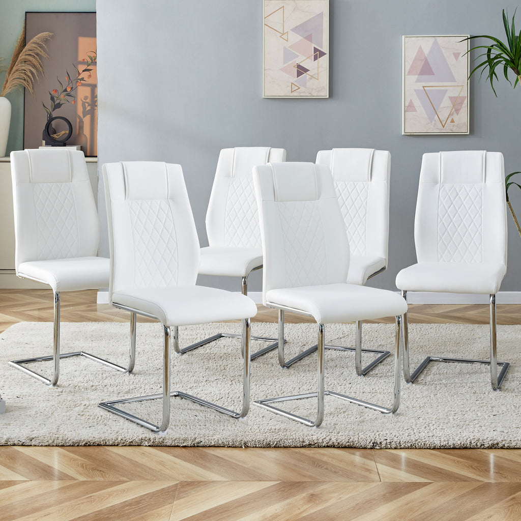 Modern Dining Chairs with Faux Leather Padded Seat Upholstered Chair with Metal Legs Design Set of 6 White PU - Grand Goldman Shop