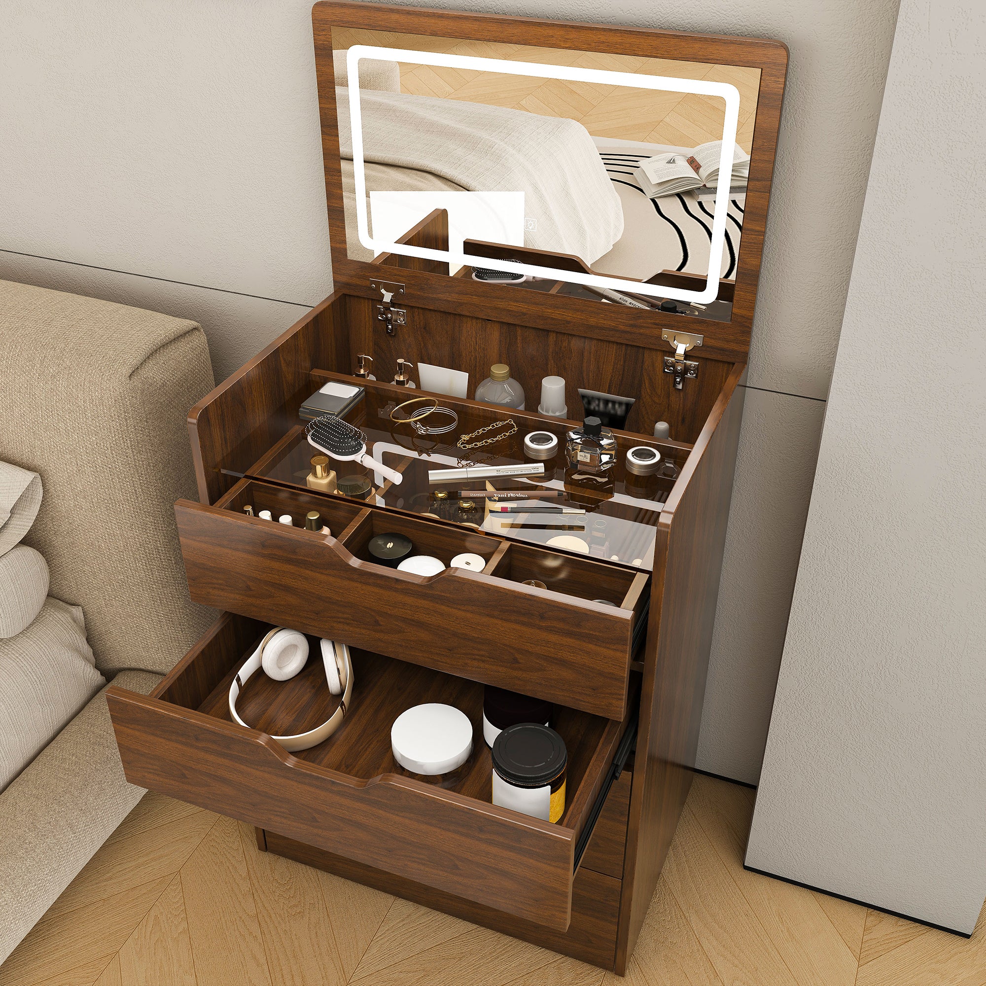 3-in-1 Vanity Desk with Flip Top Lighted Mirror & Storage Stool, Compact Makeup Dressing Table in Walnut Finish, 23.62L - Grand Goldman Shop