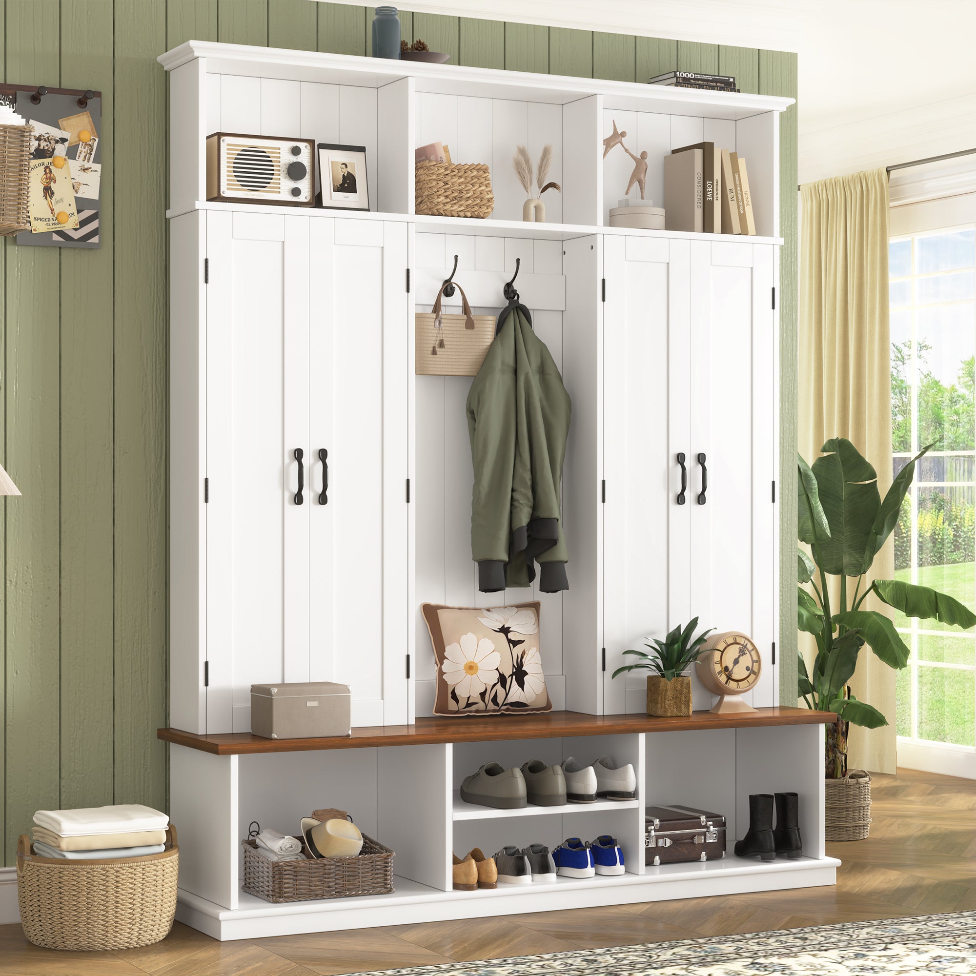 62.2''W Entryway Hall Tree with Bench, 3 Top Cubbies & Bottom Storage Space, Farmhouse Coat Rack with Hooks & Cabinets for Entryway, Hallway, Mudroom, Living Room - Grand Goldman Shop