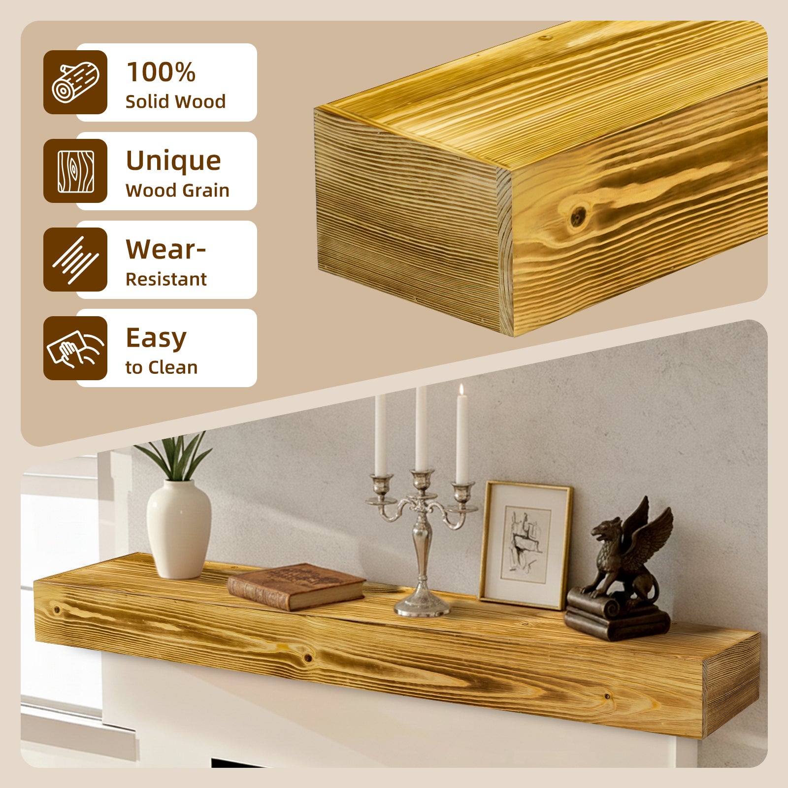 60' Fireplace Mantel, Rustic Fireplace Mantle Shelf with Invisible Brackets, Handcrafted Wood Floating Fireplace Mantel, Wall Mounted Fireplace Mantel Shelf for Living Room Decor, Wood Color - Grand Goldman Shop