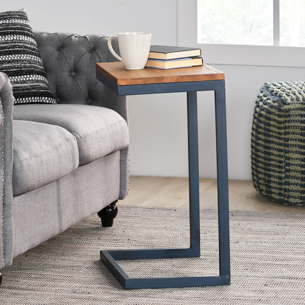 Large C-shaped End Table with Iron Base and Fir Wood Top, Black - Grand Goldman Shop