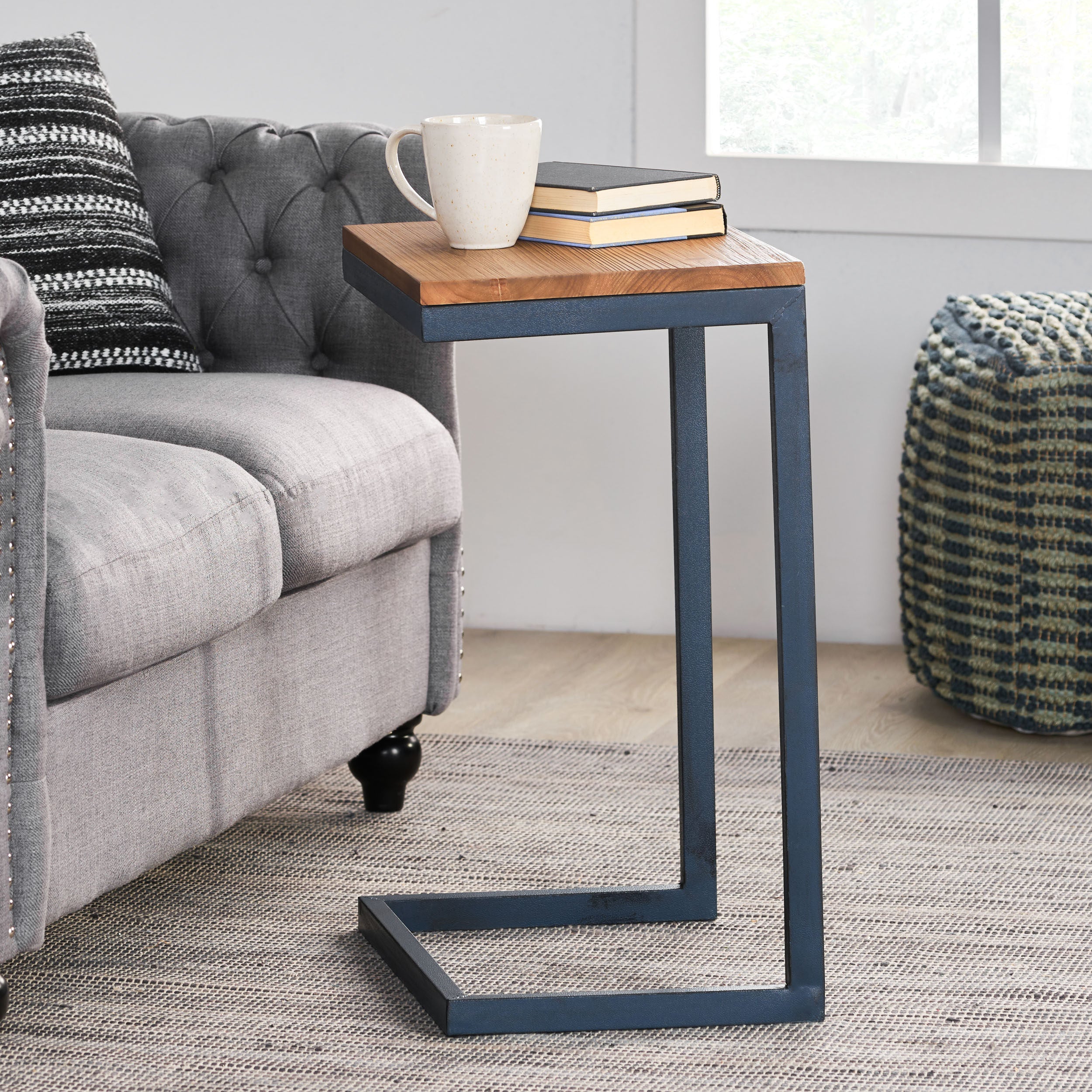 Large C-shaped End Table with Iron Base and Fir Wood Top, Black - Grand Goldman Shop