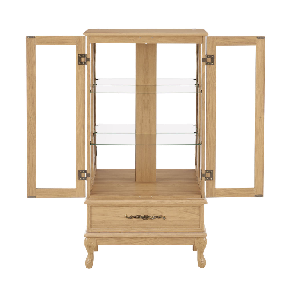 Curio Cabinet Lighted Glass Cabinet Glass Wine Cabinet Curio Display Cabinet with Adjustable Glass Shelves 2 Doors and 1 drawer Cabinet Sideboard With Bulb Included Light oak - Grand Goldman Shop