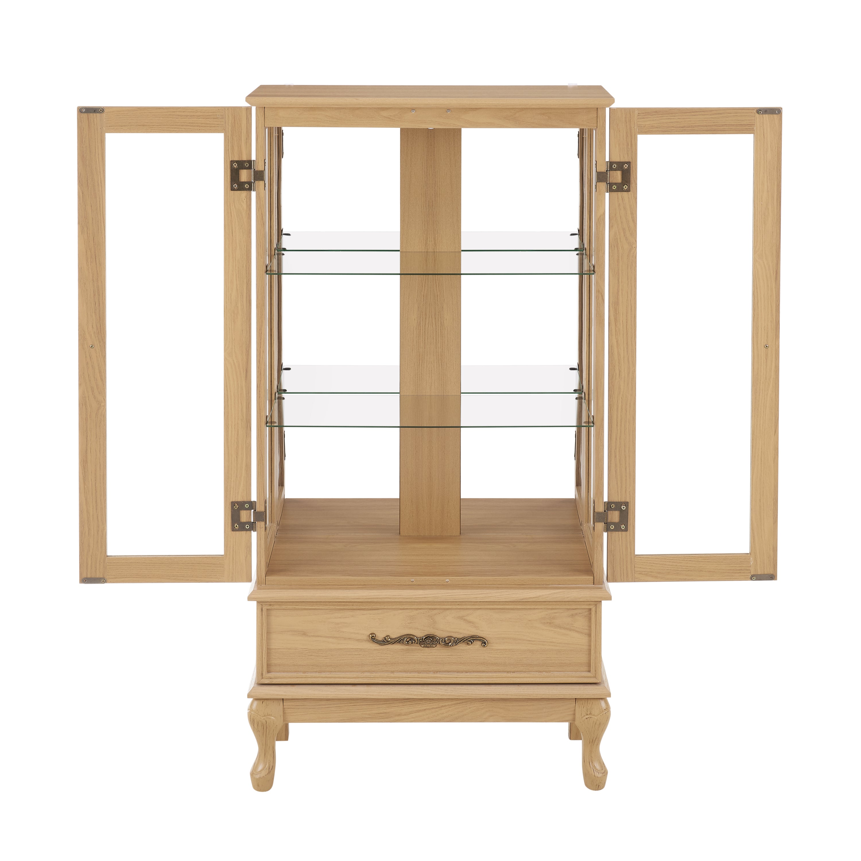 Curio Cabinet Lighted Glass Cabinet Glass Wine Cabinet Curio Display Cabinet with Adjustable Glass Shelves 2 Doors and 1 drawer Cabinet Sideboard With Bulb Included Light oak - Grand Goldman Shop