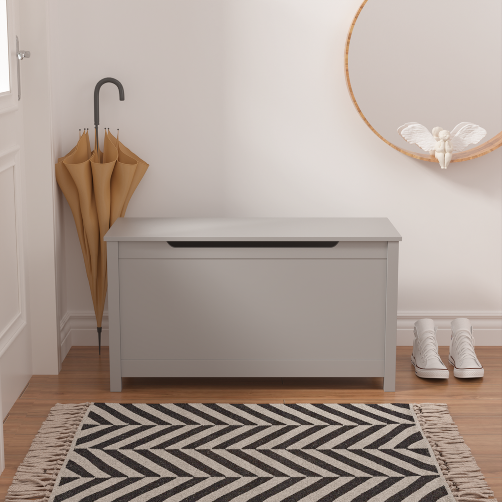 Kids Wooden Toy Box Storage with Safety Hinged Lid for Ages 2+ (Gray) - Grand Goldman