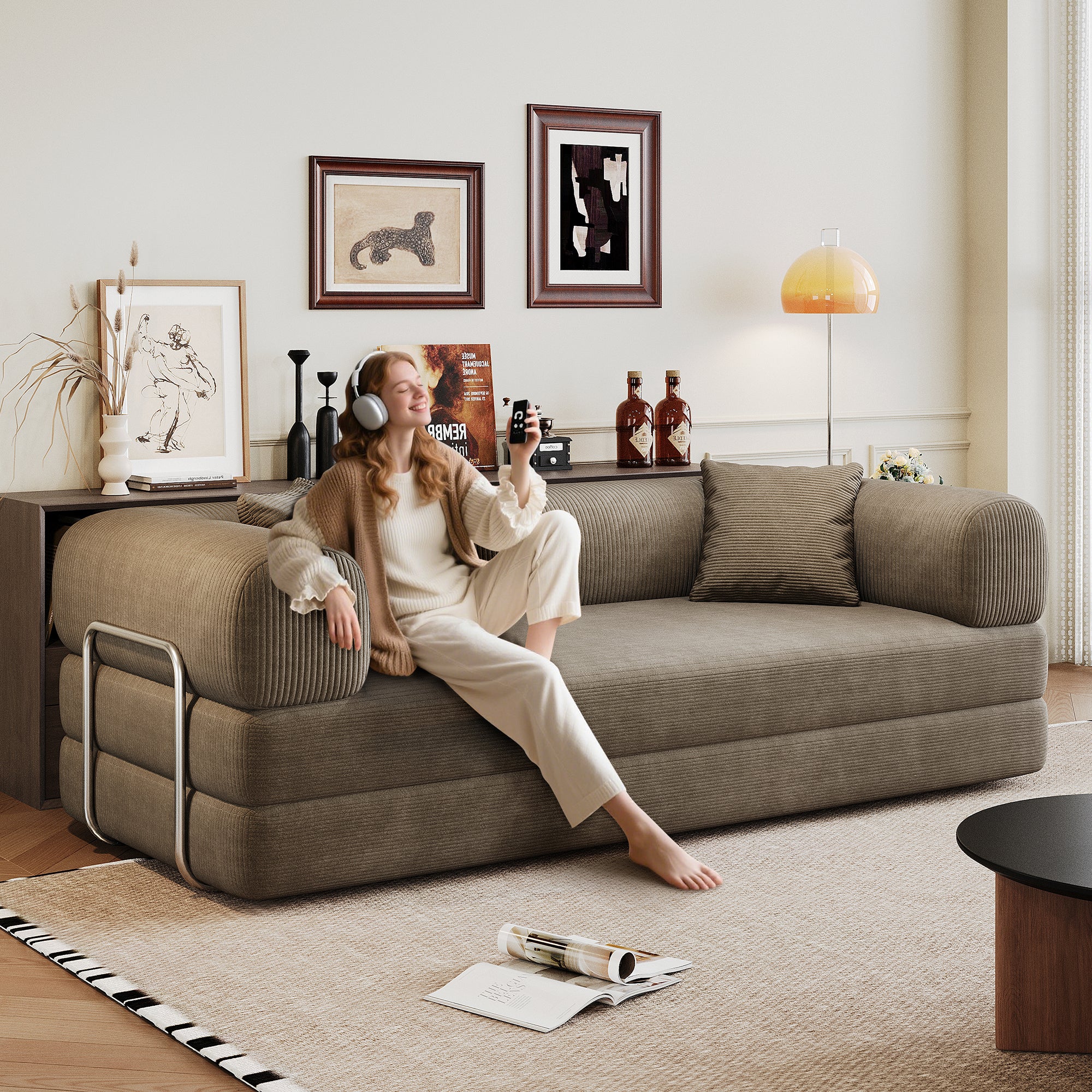 78.8' Compression Sofa,Convertible Floor Sofa Bed-with Pillow Back Support Armrest,Comfy Futon Couch Sleeper Bed,Loveseats Boneless Modular Sectional Sofa,Corduroy fabric,for Living Room,Bedroom,Camel - Grand Goldman Shop