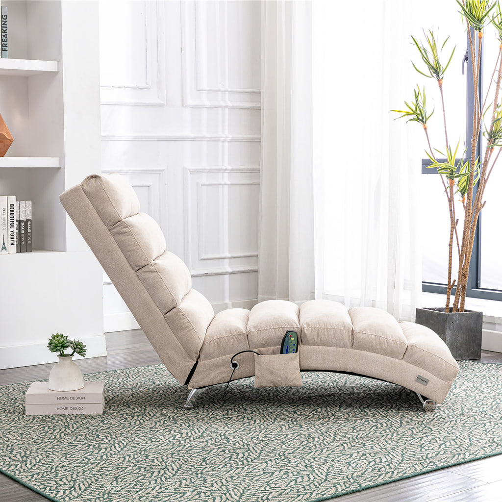 Linen Massage Chaise Lounge Indoor with Remote Control, Ergonomic Electric Massage Lounger in Beige - Grand Goldman Shop