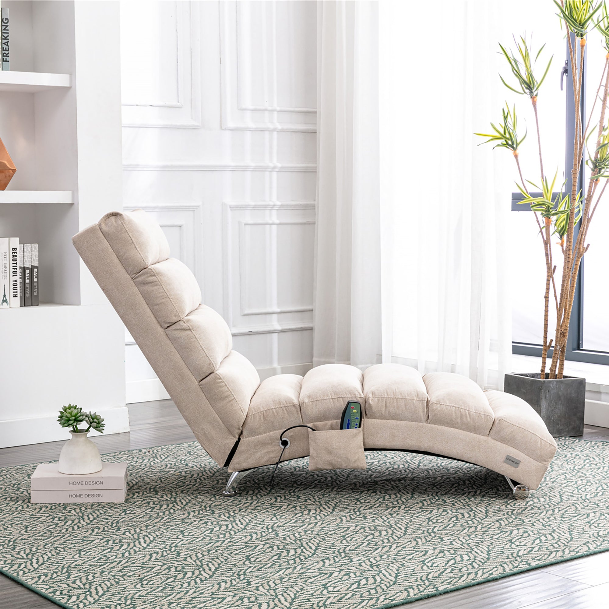 Linen Massage Chaise Lounge Indoor with Remote Control, Ergonomic Electric Massage Lounger in Beige - Grand Goldman Shop