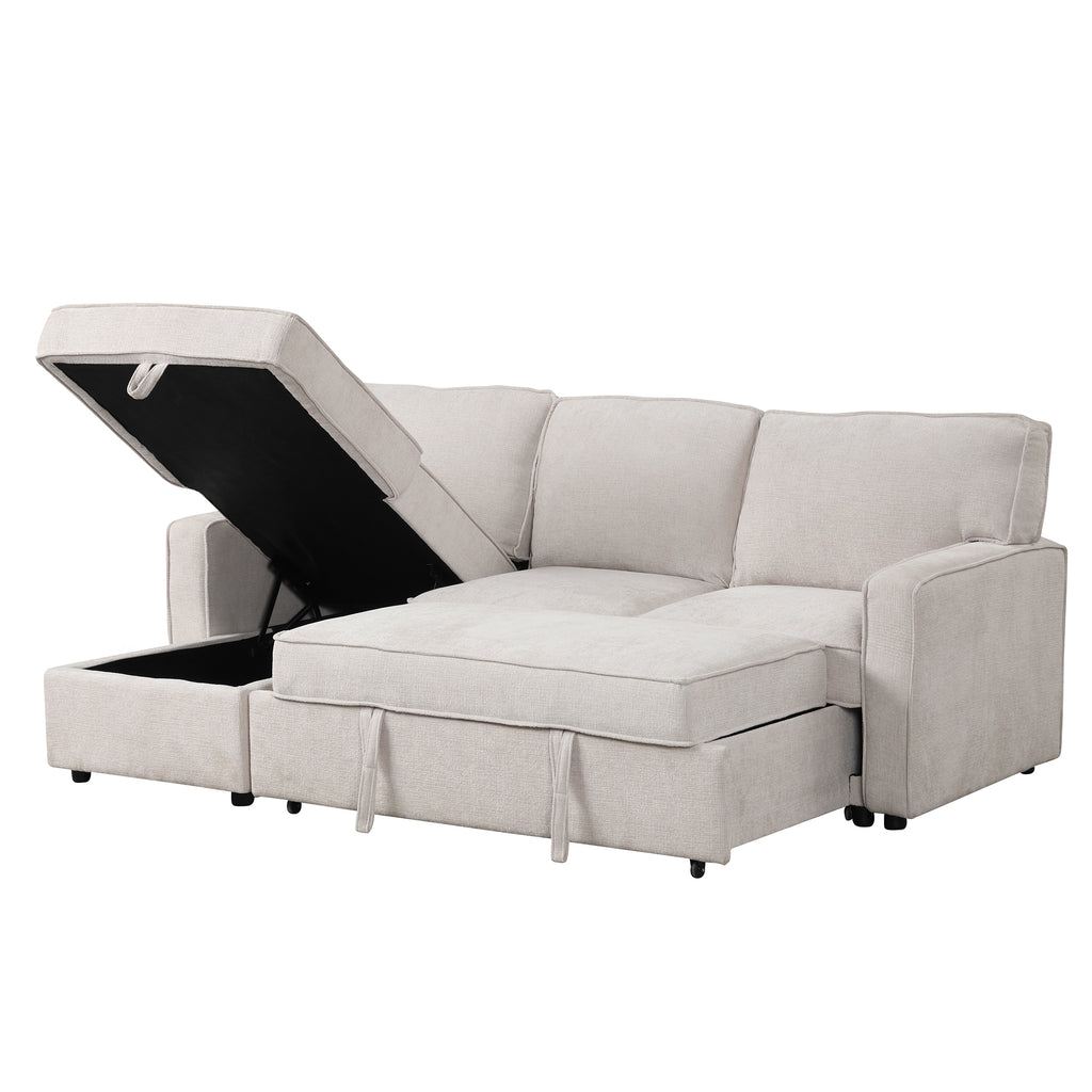 U_STYLE Upholstery Sleeper Sectional Sofa with Storage Space, USB port, 2 cup holders on Back Cushions(same sku; WY000335AAA) - Grand Goldman Shop
