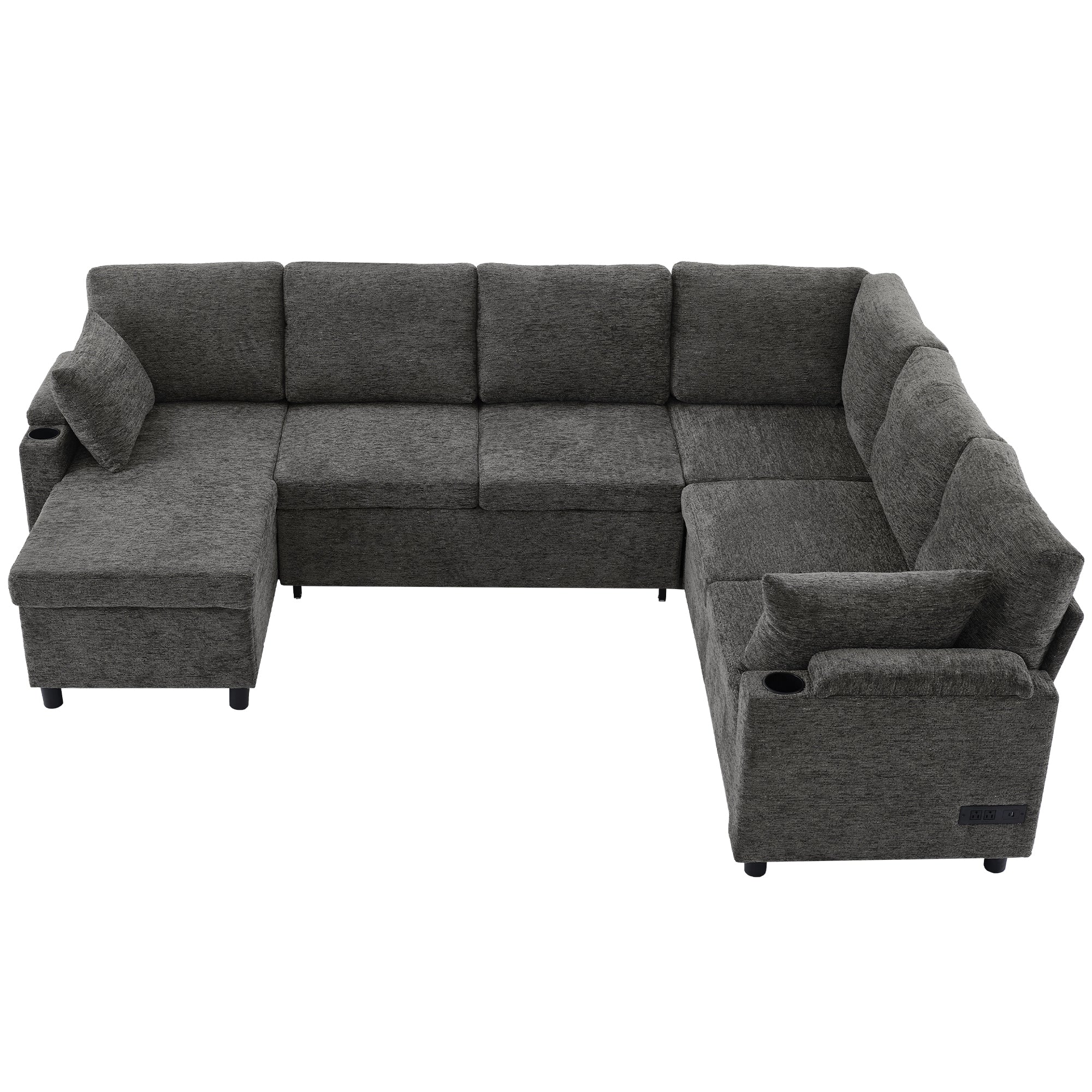 Versatile U-Shaped Sectional Sofa Bed with Storage, Cup Holders, Charging Ports in Grey Chenille - Grand Goldman Shop