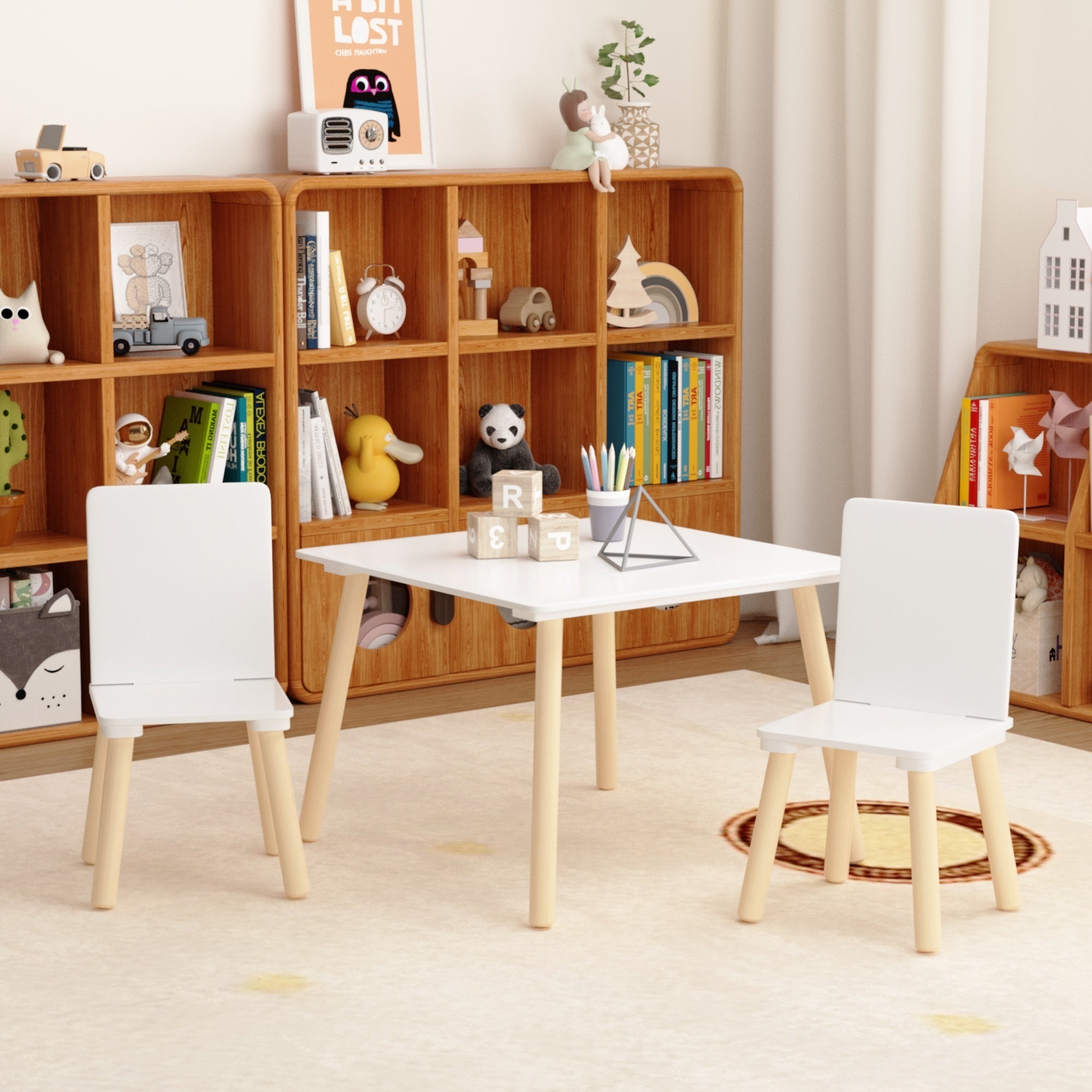 White Wooden Kids Table and 2 Chairs Set, 3-Piece Toddler Activity Play Table with Solid Wood & MDF Construction, Compact Siz