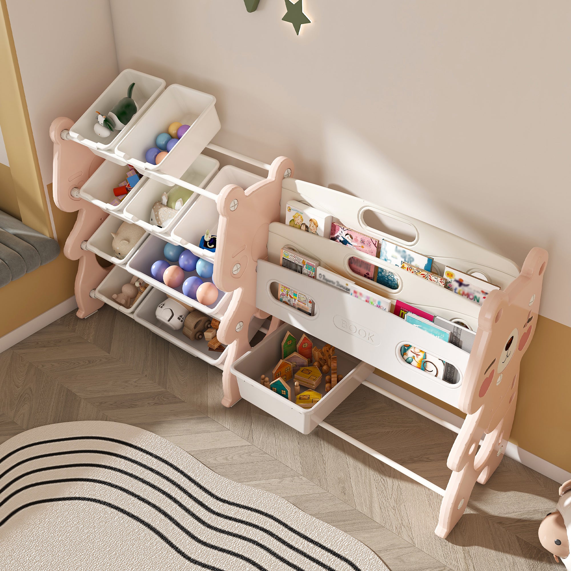 Kids Toy Storage Organizer with 2 Tier Bookshelf and 12 Toy Bins, Pink Polyethylene - Grand Goldman Shop
