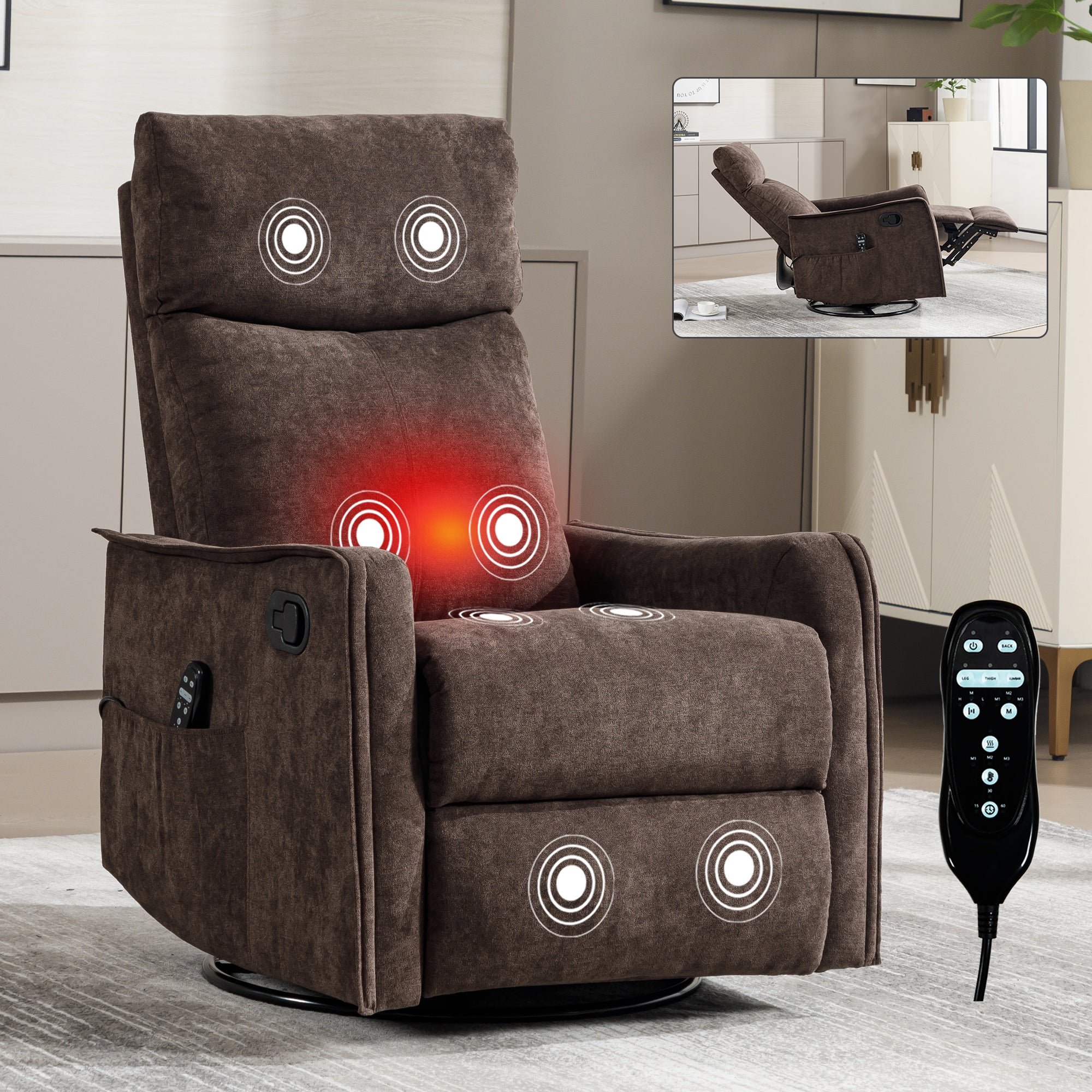 Heat Massage Manual Recliner Chair with Rocker and Swivel in Fabric for Living Room, Brown - Grand Goldman Shop