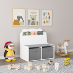 Kids Bookshelf with Storage Bins – Wooden Bookcase with Book Display Shelf and 2 Fabric Bins, Cute Bear-Shaped Backboard, Toy