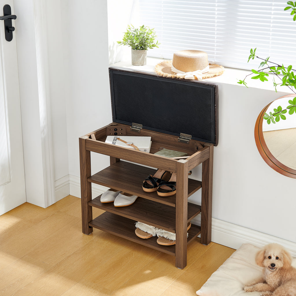 A height-adjustable shoe-changing bench made of high-quality wood, equipped with a comfortable seat and concealed storage space,Natural rubber wood,Brown - Grand Goldman Shop