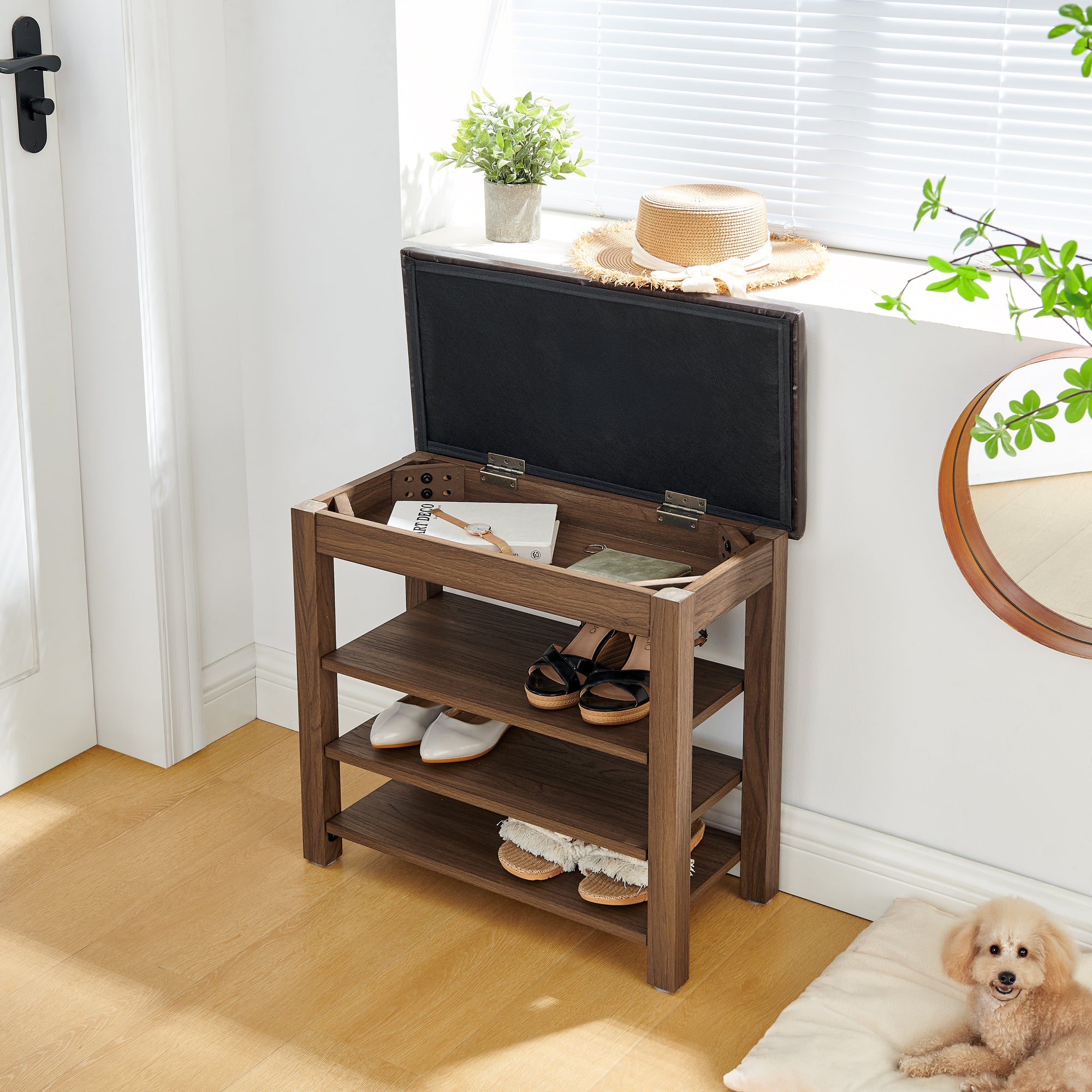 A height-adjustable shoe-changing bench made of high-quality wood, equipped with a comfortable seat and concealed storage space,Natural rubber wood,Brown - Grand Goldman Shop
