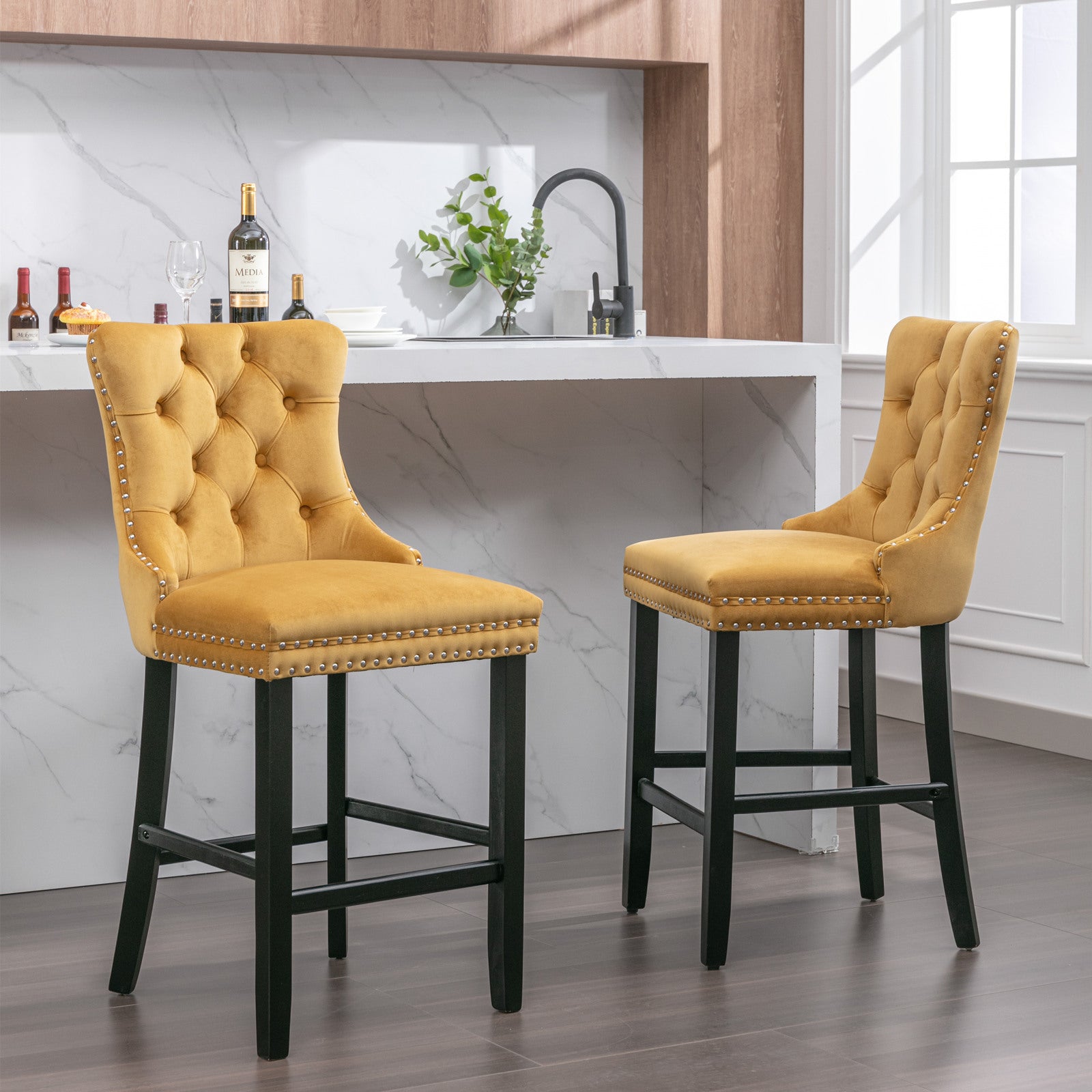 Contemporary Velvet Upholstered Barstools with Button Tufted Decoration and Wooden Legs, and Chrome Nailhead Trim, Leisure Style Bar Chairs,Bar stools, Set of 2 (Golden),SW2002GL - Grand Goldman Shop