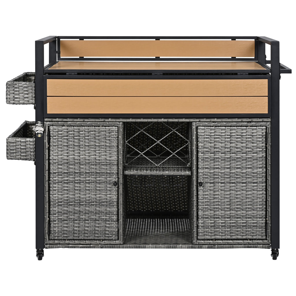 K&K 52.8'W Wicker Outdoor Grill Cart with Extended Plastic Wood Table Top, Rolling Kitchen Island on Wheels with Storage Cabinet, for Patio Backyard Garden Poolside, Double Handle Design, Grey - Grand Goldman Shop