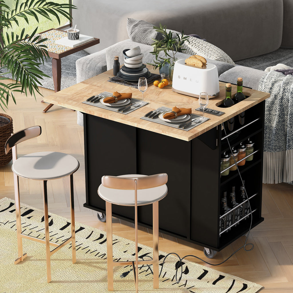 Kitchen Island with Power Outlet,Kitchen Storage Island with Drop Leaf and Rubber Wood,Open Storage and Wine Rack,5 Wheels,with Adjustable Storage for Home, Kitchen, and Dining Room, Black - Grand Goldman Shop