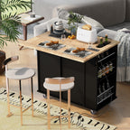 Kitchen Island with Power Outlet,Kitchen Storage Island with Drop Leaf and Rubber Wood,Open Storage and Wine Rack,5 Wheels,with Adjustable Storage for Home, Kitchen, and Dining Room, Black - Grand Goldman Shop