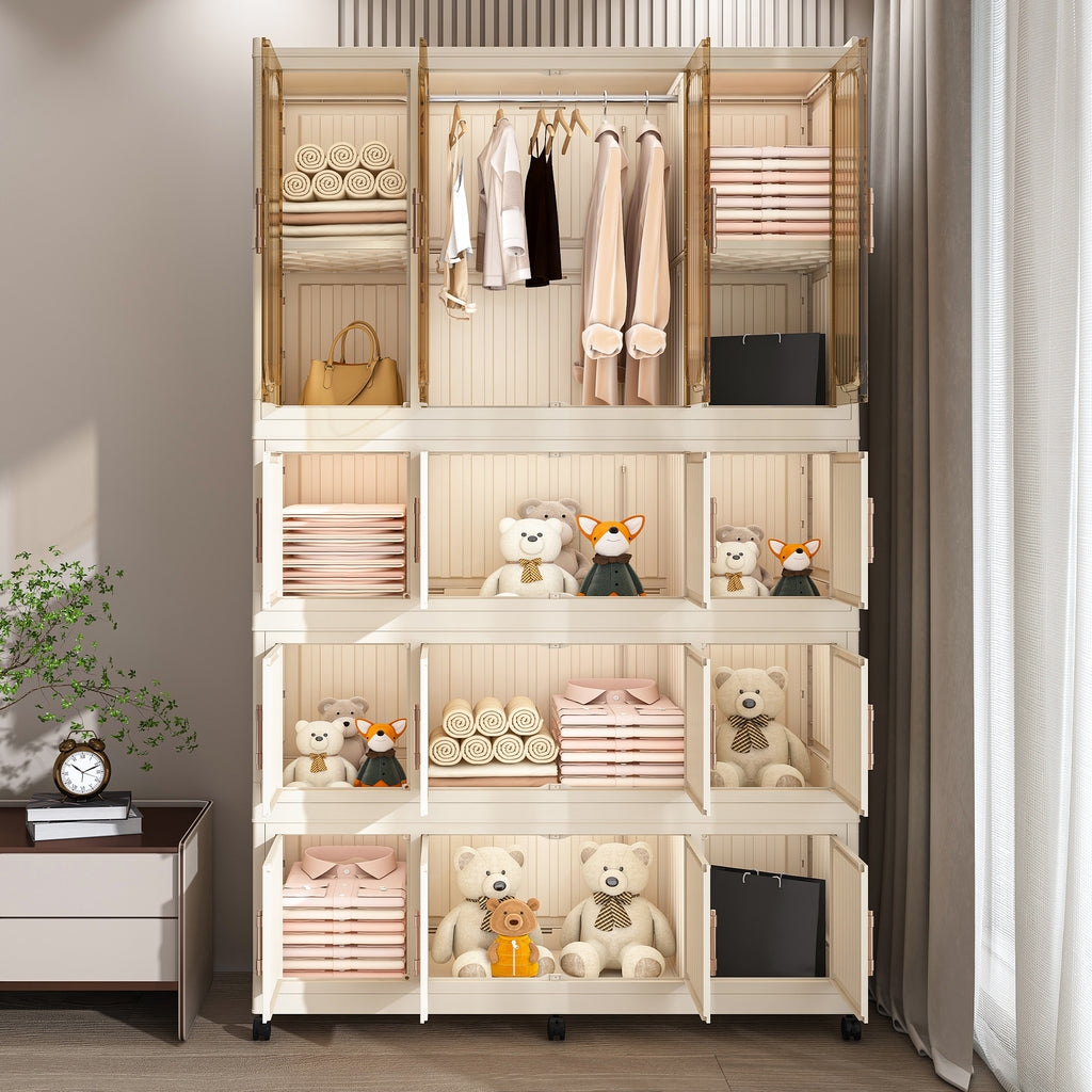 Portable Wardrobe Closet Storage Organizer with 17 Magnetic Doors, 17 Cubes, Hanging Rod & 6 Hangers, Creamy White Polypropylene Closet for Clothes, Baby Items, and Household Storage - Grand Goldman Shop