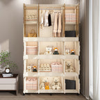 Portable Wardrobe Closet Storage Organizer with 17 Magnetic Doors, 17 Cubes, Hanging Rod & 6 Hangers, Creamy White Polypropylene Closet for Clothes, Baby Items, and Household Storage - Grand Goldman Shop