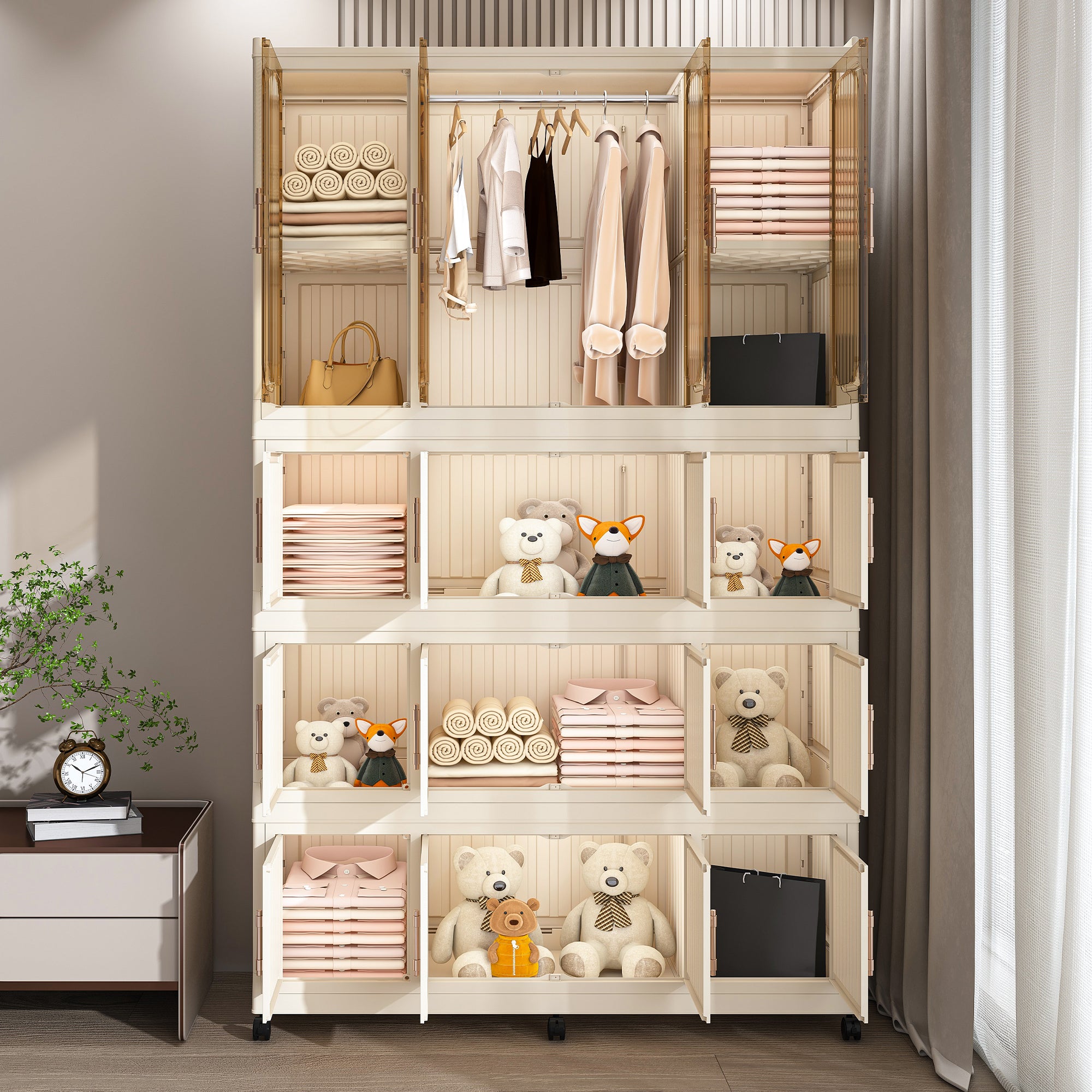 Portable Wardrobe Closet Storage Organizer with 17 Magnetic Doors, 17 Cubes, Hanging Rod & 6 Hangers, Creamy White Polypropylene Closet for Clothes, Baby Items, and Household Storage - Grand Goldman Shop