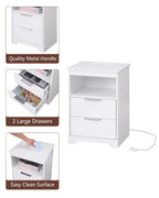 Nightstand with Charging Station,End Table with 2 Drawers,Wooden End Table with Drawer and Opening Shelf,Side Table for Bedroom, White - Grand Goldman Shop