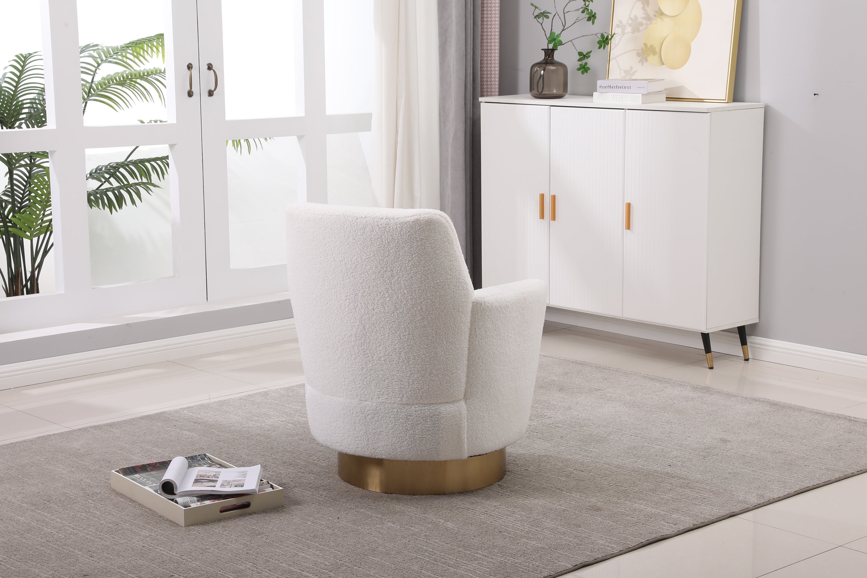 Teddy Swivel Barrel Chair, Swivel Accent Chairs Armchair for Living Room, Reading Chairs for Bedroom Comfy, Round Barrel Chairs with Gold Stainless Steel Base (Ivory) - Grand Goldman Shop