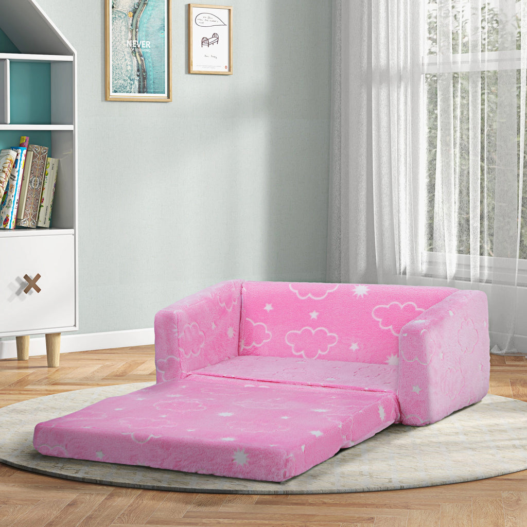 Qaba 2 in 1 Kids Sofa Chair, Toddler Couch with Glow in The Dark Cosmic Patten, Washable Cover, Fold Out Convertible Sofa to 