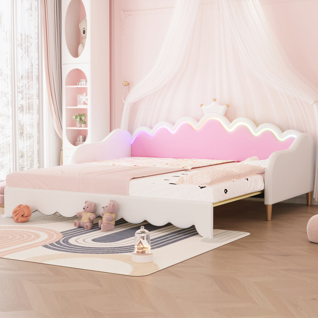 Twin Extending Daybed with LED Lights, Modern Upholstered Princess Daybed With Crown Headboard,White - Grand Goldman Shop