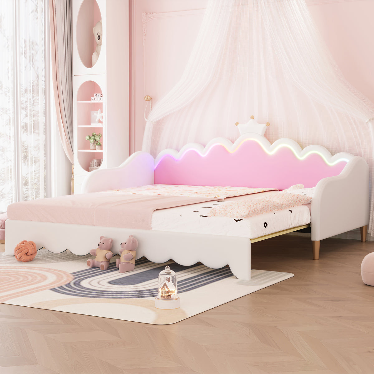 Twin Extending Daybed with LED Lights, Modern Upholstered Princess Daybed With Crown Headboard,White - Grand Goldman Shop