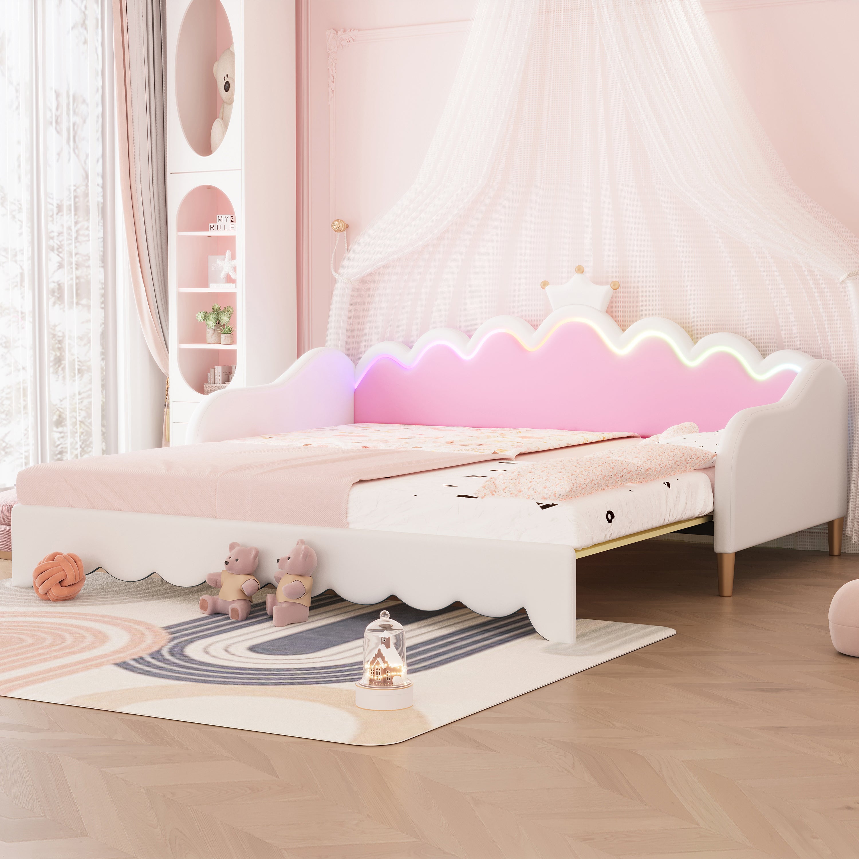 Twin Extending Daybed with LED Lights, Modern Upholstered Princess Daybed With Crown Headboard,White - Grand Goldman Shop