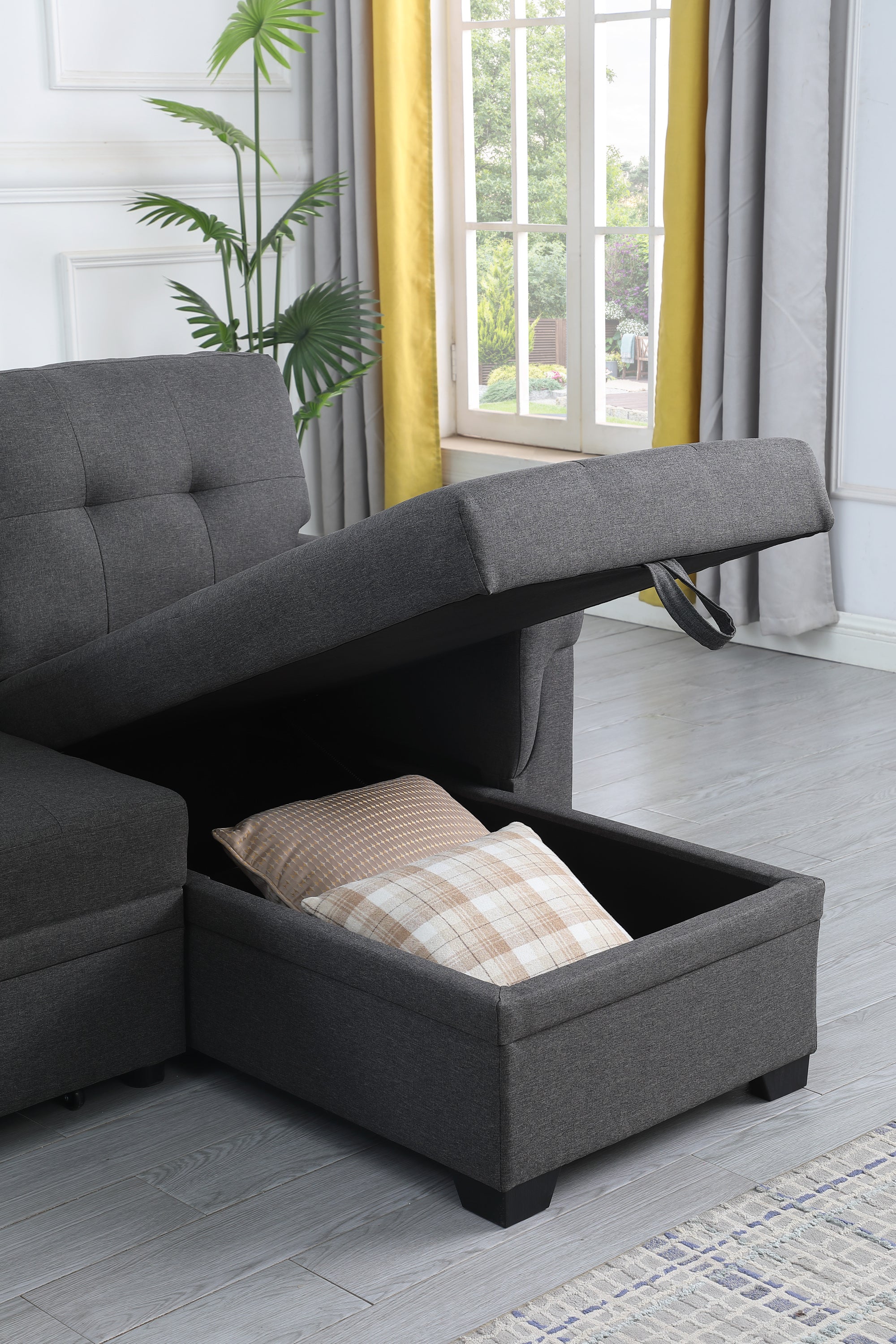 Lucca 84' Dark Gray Linen Reversible Sleeper Sectional Sofa with Storage Chaise - Grand Goldman Shop