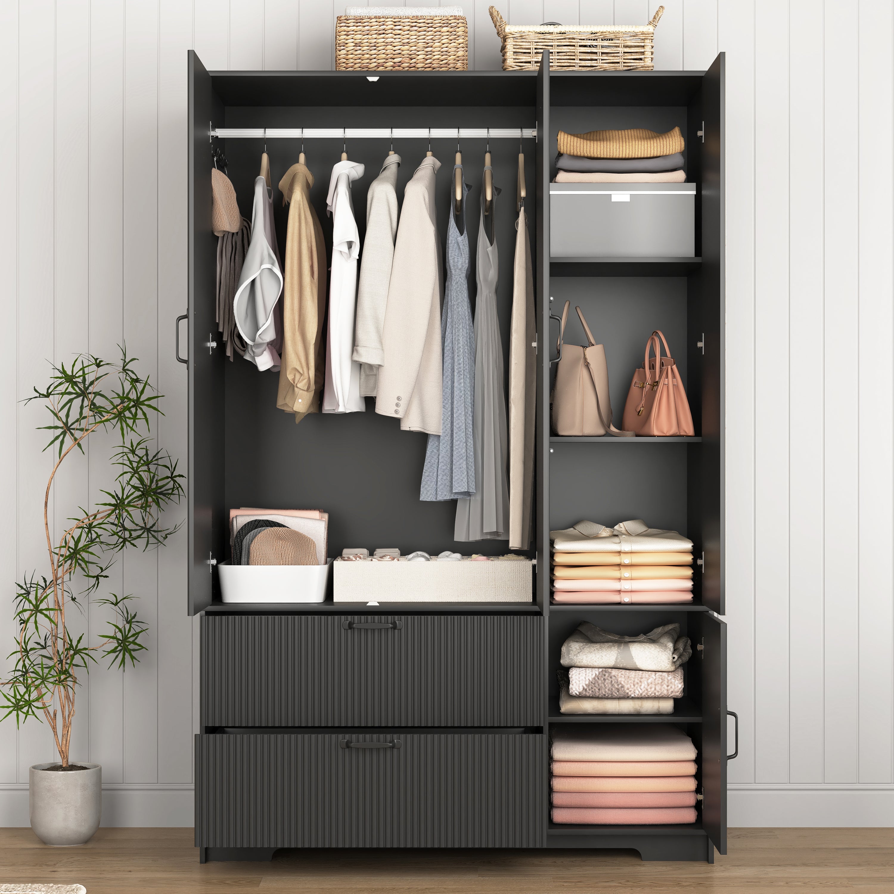 4 Doors Wardrobe Closet with Mirror, LED Wardrobe with Doors and 2 Drawers, Wooden Wardrobe Storage Cabinet with Hanging Rod, Adjustable Shelves, Black - Grand Goldman Shop
