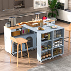 K&K Rolling Kitchen Island With Extended Table, Kitchen Island on Wheels with LED Lights,Power Outlets and 2 Fluted Glass Doors, Kitchen Island with a Storage Compartment and Side 3 Open Shelves, Grey - Grand Goldman Shop
