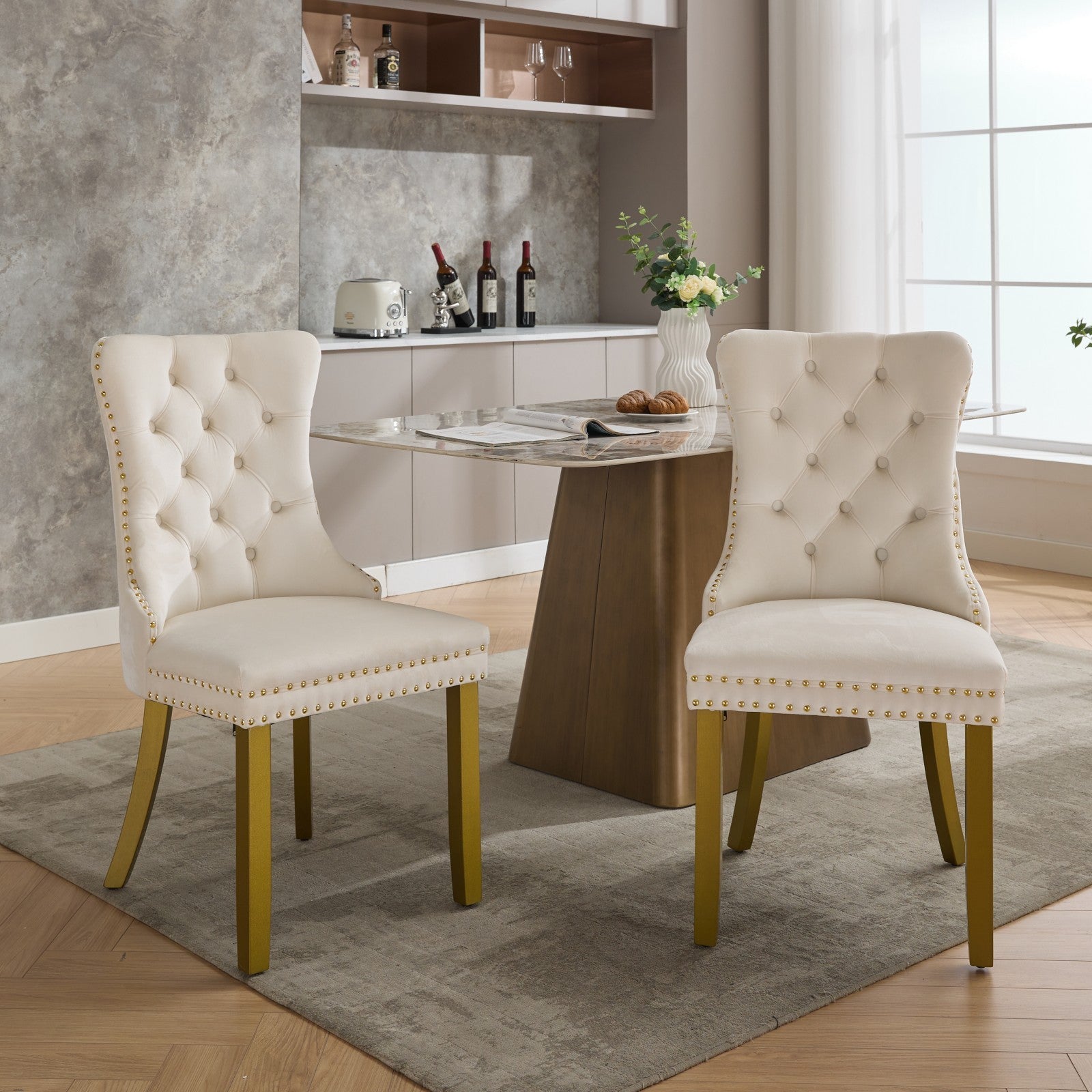 A&A Furniture, Nikki Collection Modern, High-end Tufted Solid Wood Contemporary Velvet Upholstered Dining Chair with golden Wood Legs Nailhead Trim 2-Pcs Set, Milky White,SW1401MW - Grand Goldman Shop