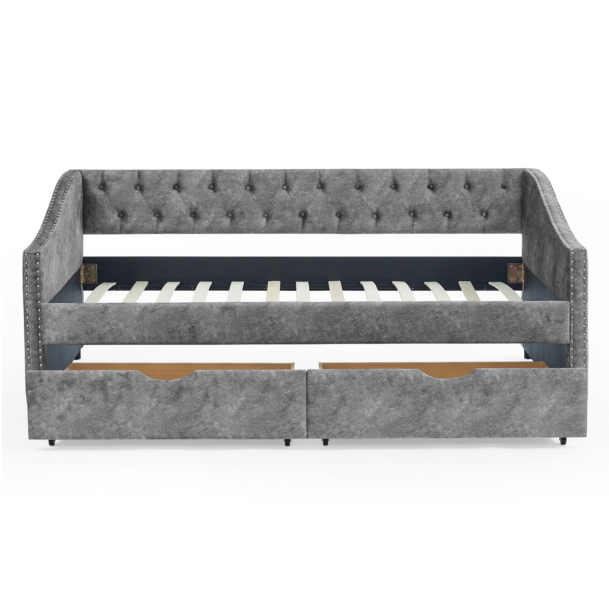 Grey Upholstered Tufted Twin Size Daybed with Drawers and Copper Nailhead Trim, Eucalyptus Wood Frame, 81.5''x4''x30.5'' - Grand Goldman Shop