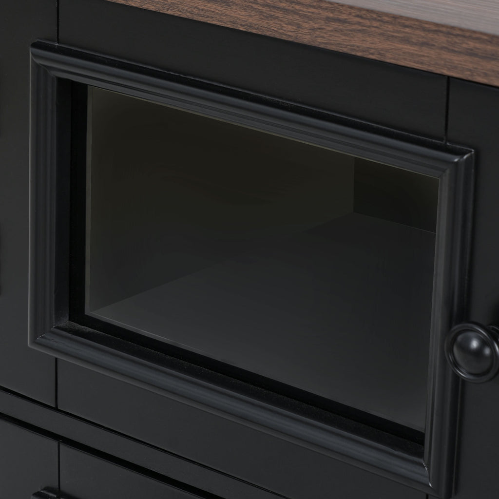 K&K 54.9' Kitchen Island with Drop Leaf, Power Outlet, Kitchen Storage Cart with 4 Door Shelves, Cross Barn Doors & Visual Glass Door, Rolling Kitchen Island on 4 Wheels for Kitchen, Dining Room,Black - Grand Goldman Shop