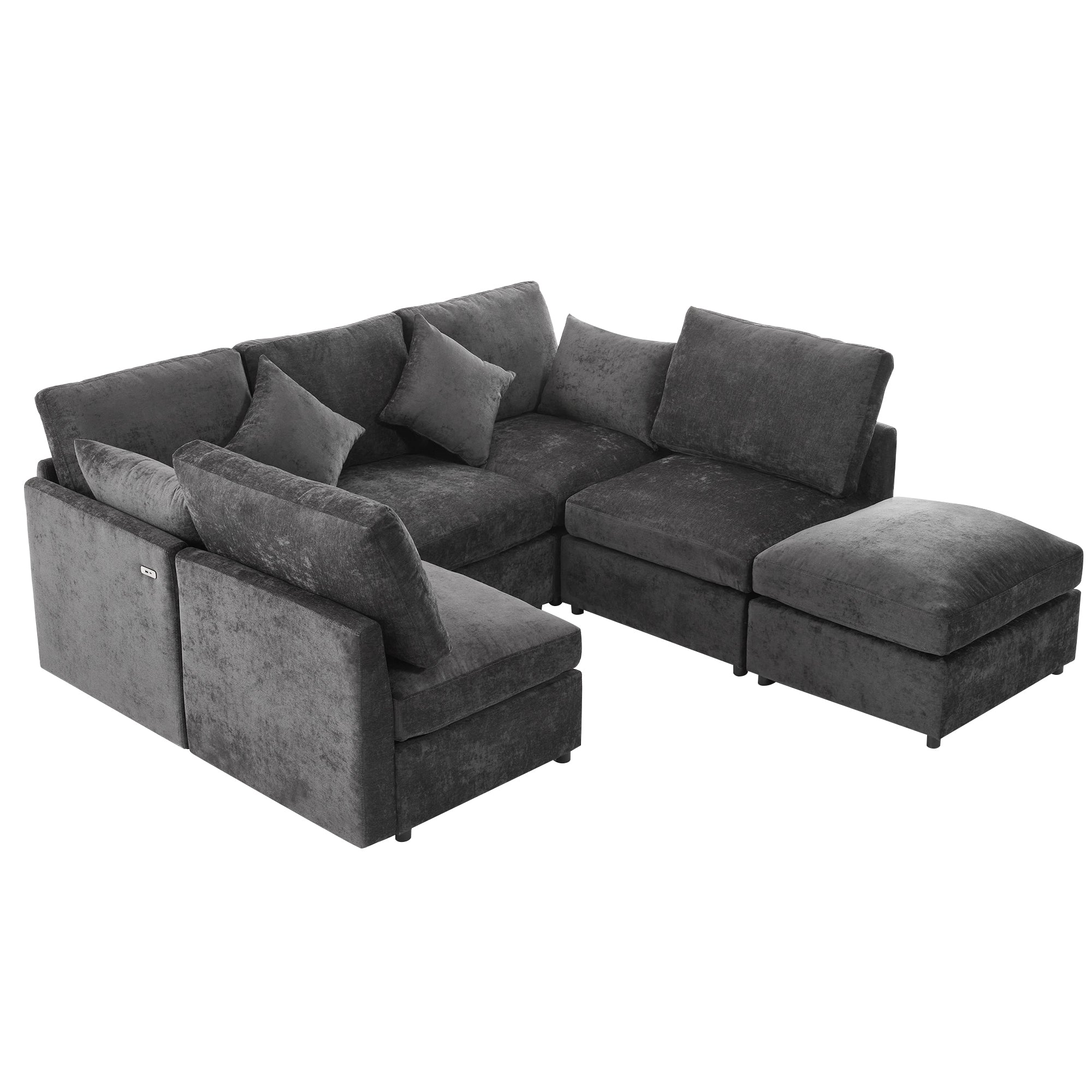 Stylish Modular U-Shaped Sectional Sofa with USB Ports, Black Chenille, 86.6' - Grand Goldman Shop