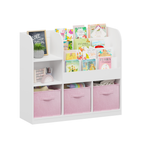 Kids Bookcase and Bookshelf with 3 Collapsible Fabric Drawers, Multifunctional White/Pink Display Stand for Bedroom, Playroom