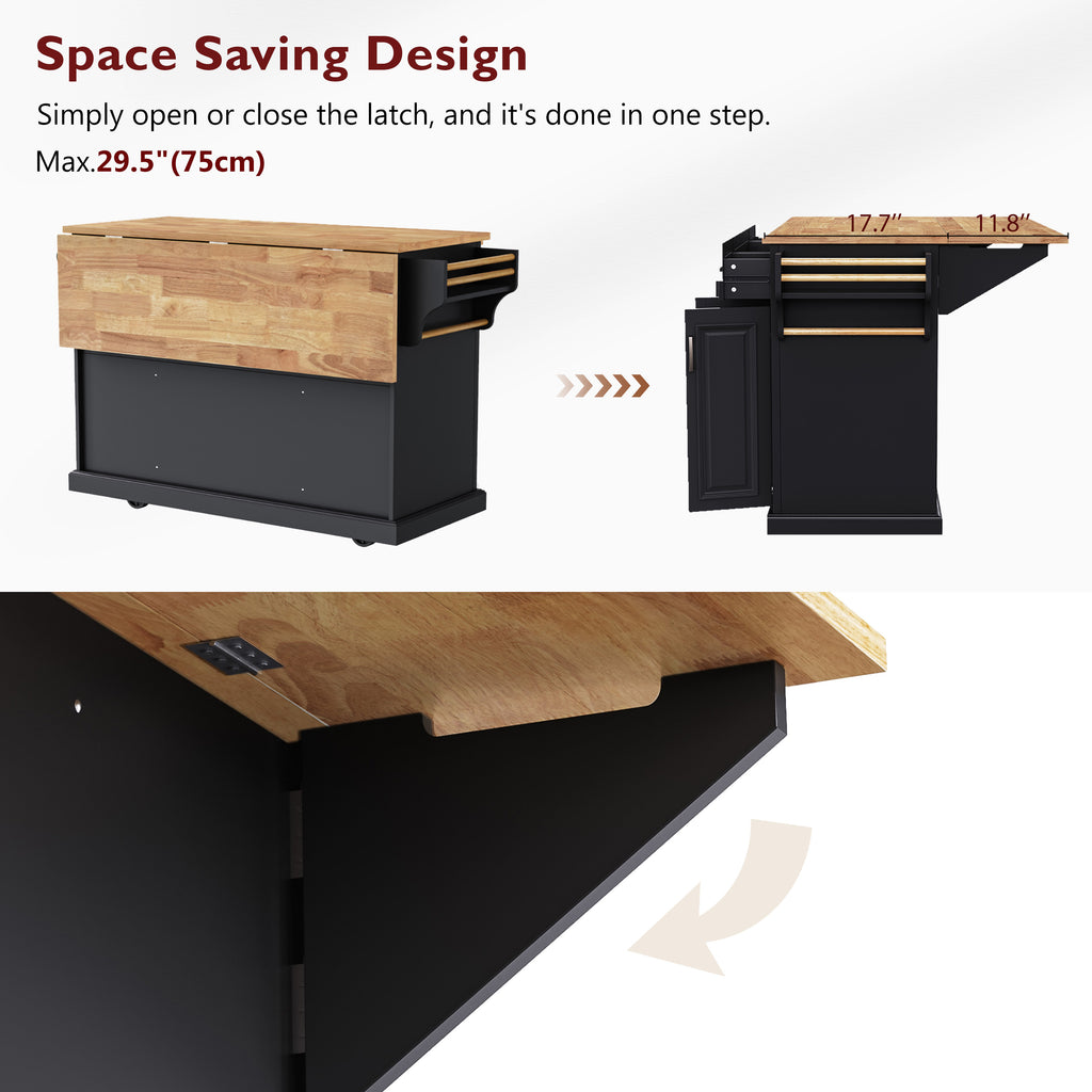 K&K 54inch Large Kitchen Island with Rubber Wood Drop Leaf, Embossed Texture Rolling Kitchen Cart on 4 Wheels with 4 Doors and 3 Drawers, Kitchen Island with Storage for Kitchen, Dining Room,Black - Grand Goldman Shop