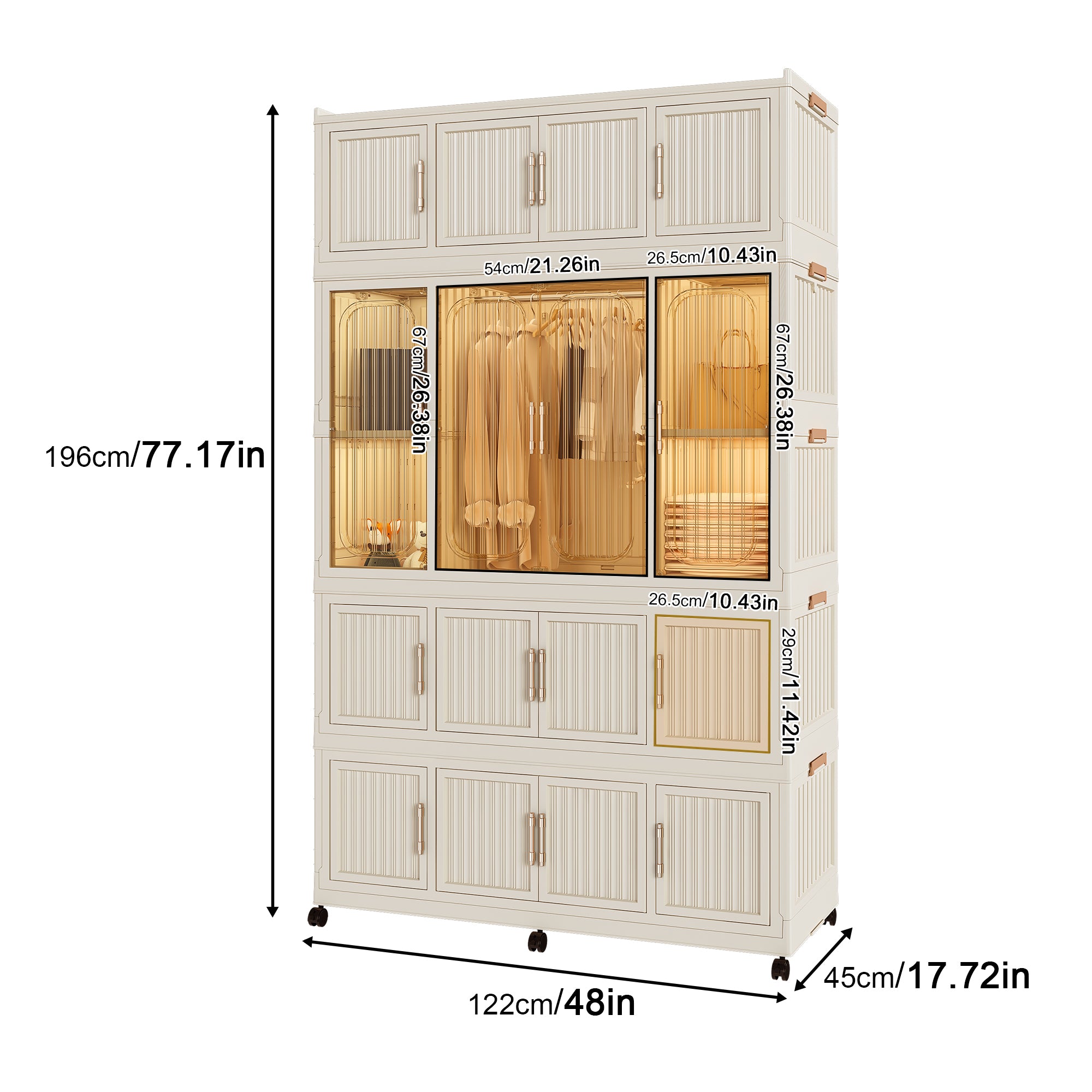 Portable Wardrobe Closet Storage Organizer with 17 Magnetic Doors, 17 Cubes, Hanging Rod & 6 Hangers, Creamy White Polypropylene Closet for Clothes, Baby Items, and Household Storage - Grand Goldman Shop