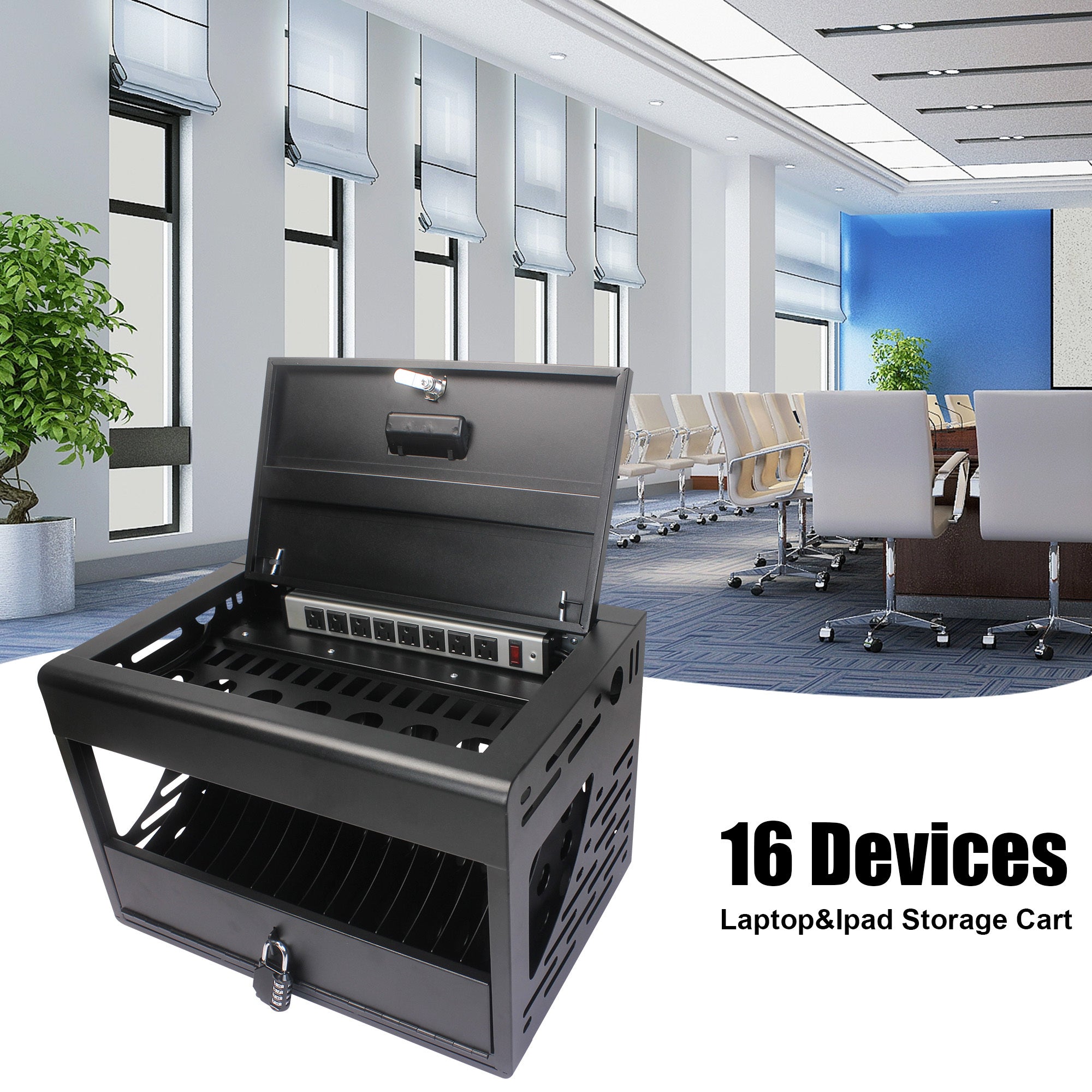 16 Bay Charging Cabinet for Laptop, Chromebook, Locking Charging Station-Black - Grand Goldman