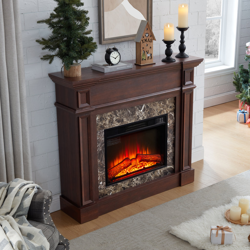Electric Fireplace with Mantel, Fireplace Mantel, Fireplace Heater Freestanding, Realistic Stacked Stone Surround with Remote Control Timer LED Flame, Cherry, 45.66'W*11.8'D*40'H - Grand Goldman Shop